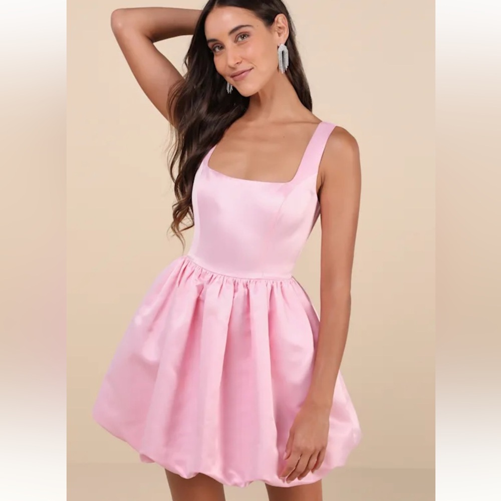 Lulu’s Regal Cutie Light Pink Satin Square Neck Bubble-Hem Mini Dress Sz:L - Picture 3 of 12